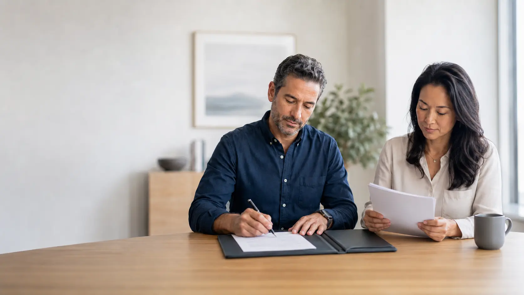 Couple reviewing and signing joint divorce petition documents in a California legal document preparation office